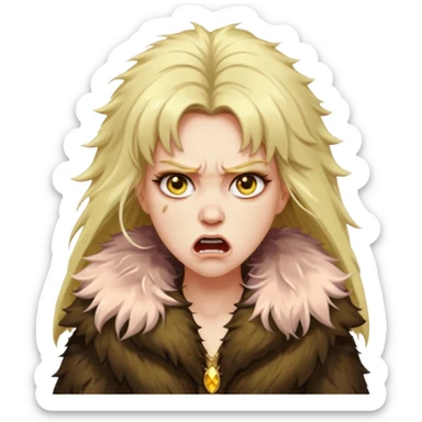 Cinematic Realistic Ultra HD - very Angry, High Nose - Glamor Plunge Hilary Duff Extreme Long Long Hairstyle in Shaggy Fur Coat with Gold Flash sticker