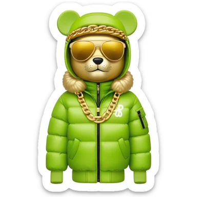 classic bearbrick in lime mask with graffiti tags, wearing sleek one-piece solid sunglasses visor spanning full width of face, oversized puffy jacket with plush fur trim, stacked gold chains, high fashion look sticker