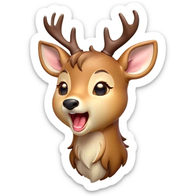 Cinematic Cute Yawning Deer Portrait Emoji, Head tilted slightly with a dramatic, wide-open yawn, revealing a soft, dappled coat and elegantly drooping ears, eyes barely open in drowsy contentment, Simplified yet irresistibly adorable features, highly detailed, glowing with a soft, cozy glow, high shine, relaxed yet expressive, stylized with a touch of natural whimsy, bright and endearing, soft glowing outline, capturing the essence of a sleepy yet affectionate deer, so drowsy it feels like it could stretch right out of the screen and curl up for a nap! sticker