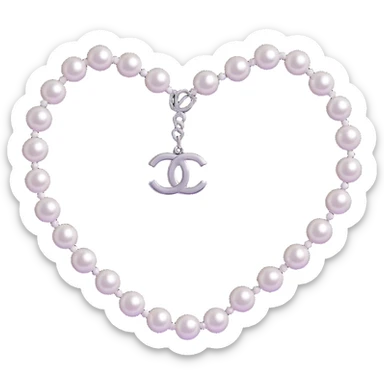 Add a string of pearls around the heart, keep the silver Chanel logo, elegant, glossy, black and white, 3D emoji style, with no background sticker
