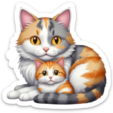 grey and white cat cuddling a colourful light patched calico + white tabby cat sticker