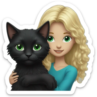 a black fluffy cat with blue eyes holds a blonde girl with green eyes sticker