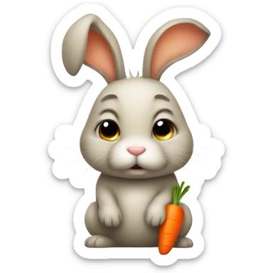 Little bunny with carrot in its mouth and a sad face sticker