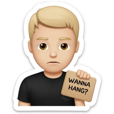 A man holding a sign that says “wanna hang? Wanna chill?” While looking pouty sticker