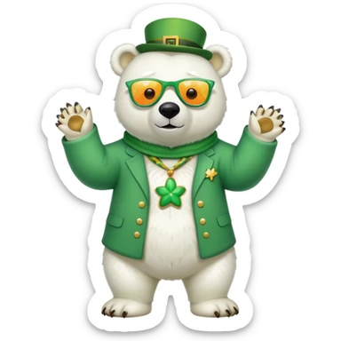 full body friendly anthropomorphised polar bear wearing oversized colorful star glasses and festive St. Patrick's Day outfit, playful pose sticker