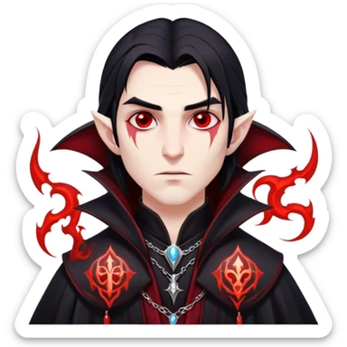 Cinematic Realistic WoW Vampire Mage Portrait, head tilted epicly and inquisitively, showcasing a commanding presence and ancient arcane mastery. His pallid skin and sleek dark hair are set against the intricately detailed black robe—with silver accents and mystical runes—that remains consistent in its shadowed elegance. His piercing crimson eyes blaze with forbidden power, rendered with dramatic, lifelike clarity and high shine, epic and awe-inspiring. sticker