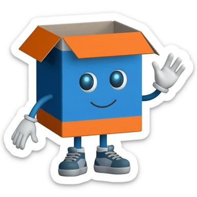 cute delivery box mascot waving hello, inspired by ACPL Cargo logistics brand, friendly customer chatbot emoji, blue and orange colors, simple clean emoji style sticker
