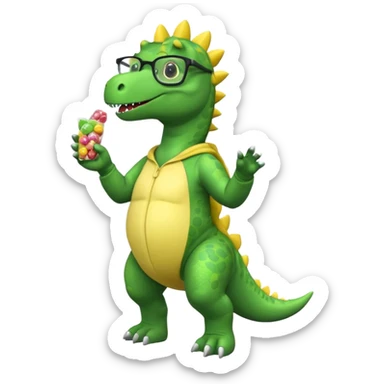 Dinosaur with glasses in a banana onesie filled with candy packets sticker