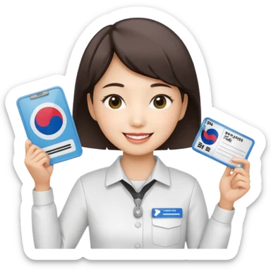 A Korean short-haired female tour guide is wearing a white shirt, holding her Korean tour guide license in her left hand, which is a horizontal card. sticker