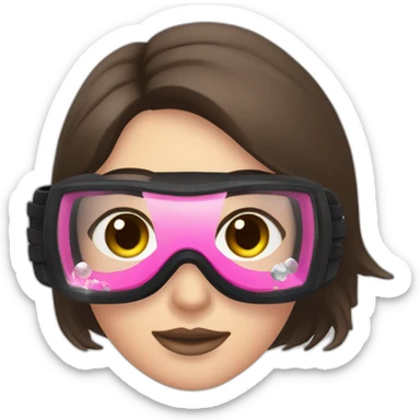 woman with brown eyes, large and straight brown hair, pink diving mask with a single crystal. underwater black suit sticker