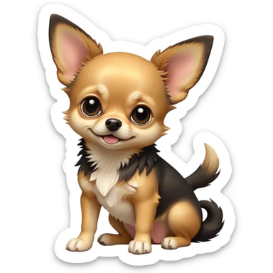 cinematic-[chihuahua dog]-realistic-full-body-sitting-emoji,-tail-resting-loosely-beside-its-paws,-head-tilted-dramatically,-scruffy-[black and tan]-fur,-simplified-yet-realistic-focused-features,-highly-detailed,-glowing-with-an-almost-sarcastic-glow sticker