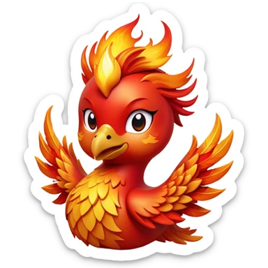 Cinematic Cute fierce & powerful Fire Phoenix Portrait Emoji, Head tilted playfully and inquisitively, showcasing a vibrant, flame-kissed form with intricately detailed feathers in warm shades of red, orange, and shimmering gold, accented by delicate sparks and a gentle, inviting glow; rendered with lifelike detail and soft, radiant light, high shine, enchanting and spirited, styled with a touch of mythic whimsy, soft glowing outline, capturing the essence of a mischievous yet endearing phoenix poised to flutter playfully into your heart! sticker