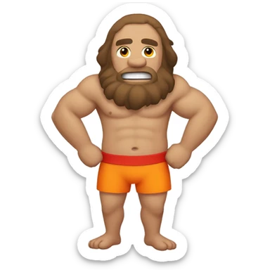 A bald caveman, with red swim trunks, and a orange lifesaver sticker