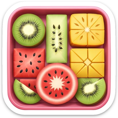 bento-style square box with sections for watermelon, strawberry, mango, kiwi, orange, cantaloupe, and pineapple sticker