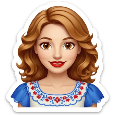 Artistic woman in her 40s with bright complexion, round face, big lively light brown eyes, wide friendly smile, vibrant red lips, voluminous wavy dark blonde hair with highlights to shoulders, white summery dress with blue embroidery and electric blue neckline sticker