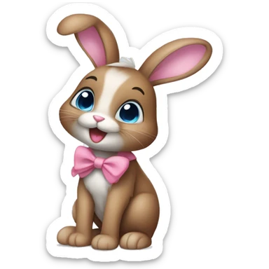 cute brown bunny with pink bow, one ear different from another, one leg white, other gray, blue eyes, more light sticker