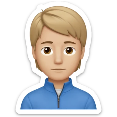 boy with dark blonde hair in a mullet to the front, with a neat blue shirt (not a t-shirt) and brown quarter zip sticker