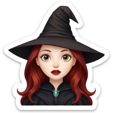 long and wavy dark red haired girl, with thick lips, big eyes and she looks like a witch sticker