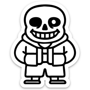 Sans from Undertale, cartoon skeleton with one blue glowing eye, outlined icon style sticker