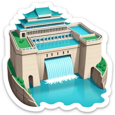 Yangtze River Three Gorges Dam massive structure, simplified emoji style with bold outlines and bright colors, cartoon style dam with water sticker