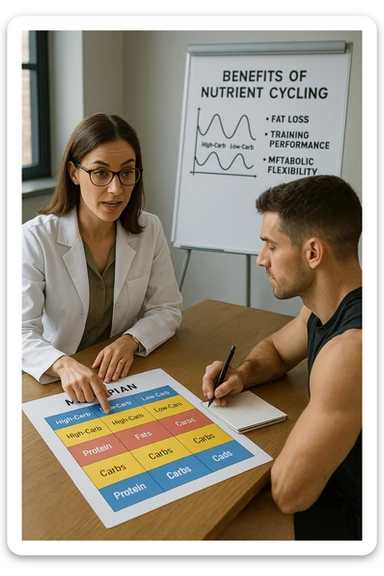 a nutritionist explains to an athlete how to cycle macronutrients for fat loss and training. On the desk, a weekly meal planner shows alternating high-carb and low-carb days, with color-coded sections for proteine, grassi, and carbo. The athlete takes notes, and a chart in the background illustrates the benefits of nutrient cycling. The mood is professional and educational. scritto in italiano sticker