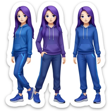 female with slim hourglass shaped body, purple long hair, wearing a blue sweater, dark blue sweatpants, and black sneakers, full body view sticker