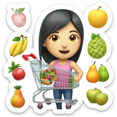 Asian girl with shopping cart full of fruits sticker
