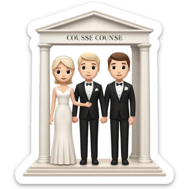 A 3D cartoon courthouse wedding venue with a bride and groom standing at the entrance, elegant white columns, soft natural lighting, simple modern decor, minimal background, realistic Memoji-style rendering. sticker