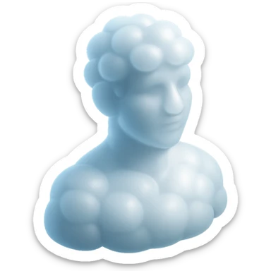 person looking straight, composed entirely of white fluffy convex clouds, shoulders up, matte glass style sticker