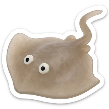 Make the stingray a natural color (e.g., gray or brown), more transparent and see-through, retro 90's toy style, derpy eyes, no tag, no background, soft plastic, soft reflections, soft and squishy, some cloudiness, not shiny, highly detailed, appealing. sticker