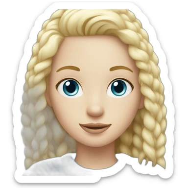 Blonde girl in blue sweater and with white cat sticker