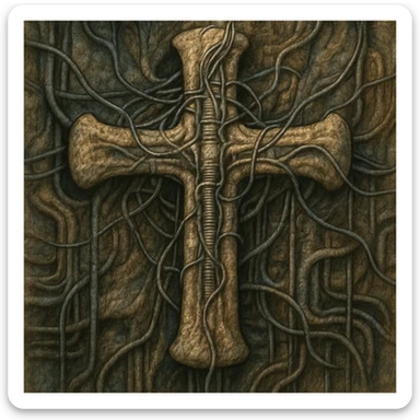 a biomechanical cross, merging wires and organic textures, in the style of H.R. Giger sticker