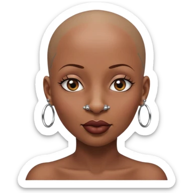 Grown black (proud) woman, bald with a perfect head, a prominent nose with a septum piercing, many piercings on her ears, a gap between her front teeth and very long nails sticker