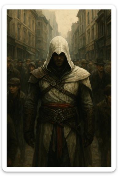 assassin's creed character blending into a crowd, mysterious, subtle, with city background sticker