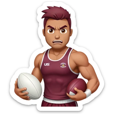 Angry bronco holding  white rugby ball wearing maroon singlet sticker