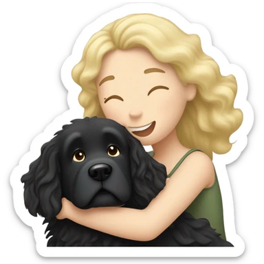fluffy black Newfoundland dog hugging woman with wavy blond hair  sticker
