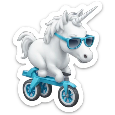Une licorne blanche qui fait de la trotinette et qui a des lunettes de soleil sticker