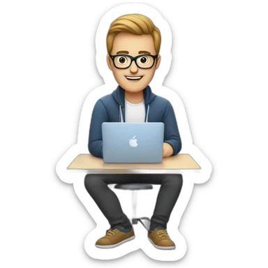 an SEO/tech guy with specs working on his macbook sticker