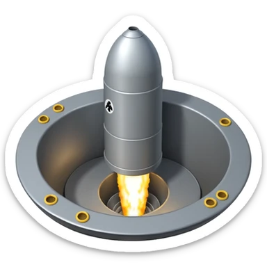 grey missile silo hatch open, and the top two thirds of a white nuclear missile launching out of the silo is shown sticker