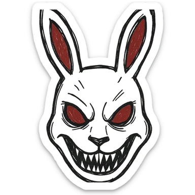 hand-drawn outline style evil white rabbit mask with red accents sticker