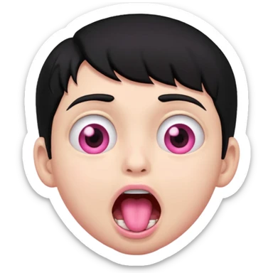 Boy with black hair, pink eyes rolled back, mouth open , drool dripping from chin sticker