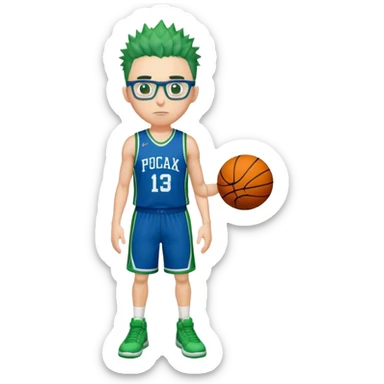 Full Body overweight white male with dark short spike hair basketball player wearing glasses wearing blue green uniform sticker