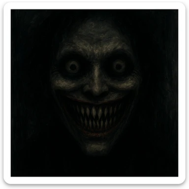scary happy face, horror-inspired, sharp teeth, unsettling eyes, dark color palette, eerie and unsettling atmosphere sticker