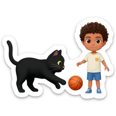 Black cat playing with orange basketball and a little white boy with curly hair sticker