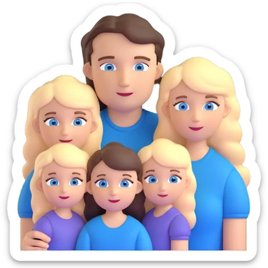 Family portrait with father with dark brown hair and blue eyes, mother with light brown hair and blue eyes, three blonde little girls with blue eyes sticker