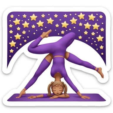 A woman wearing a purple yoga suit doing downward dog pose on a mat, pastel background with floating stars. sticker