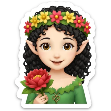 tiny Elf with Flower Crown, curley hair black, with flower bouquet sticker