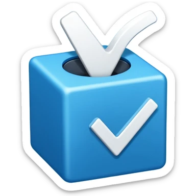 A blue box  and a white tick 0d sticker