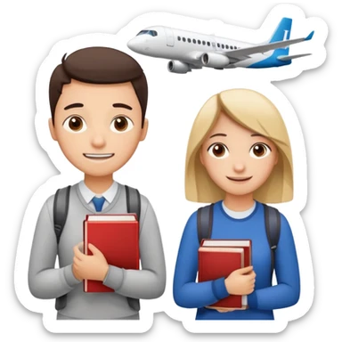 Create two emoji characters.

Left: a stressed, sad student preparing for IELTS, holding books and coffee, tired face, exam stress.

Right: a happy confident student after IELTS, traveling abroad, airplane, university, freedom, smiling.

Style: emoji, clean, simple, white background. sticker