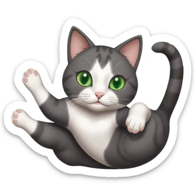 beautiful female solid dark grey cat with green eyes, white toes/paws and white patch on her chest playfully rolling upside down sticker